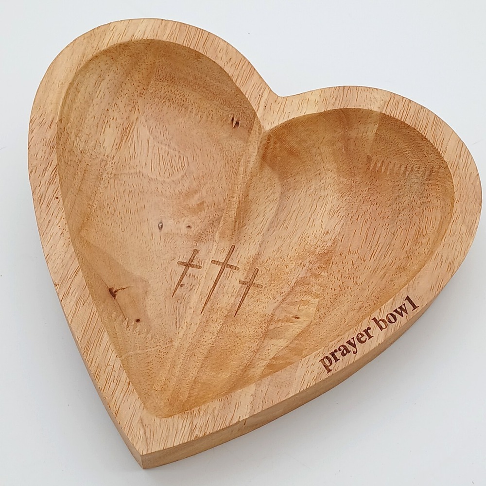 Heart Shaped Prayer Bowl - Rustic Farmhouse Decor - Wooden Cross Religious Gift